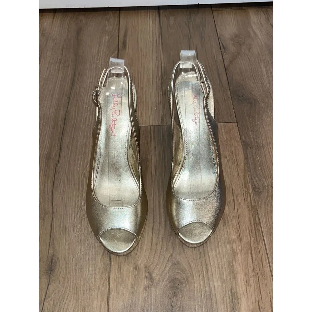 Lilly Pulitzer  Vintage Gold Peep Toe Slingback Wedge Leather Women's Heels Size